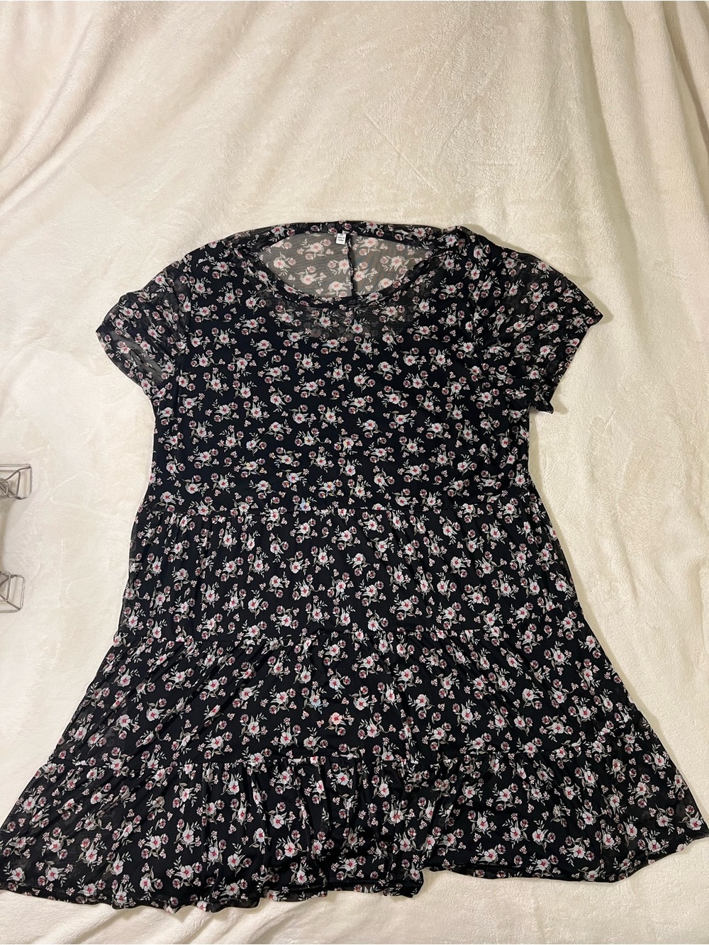 AUW Black Floral Short-Sleeve Tiered Dress with Pink Accents